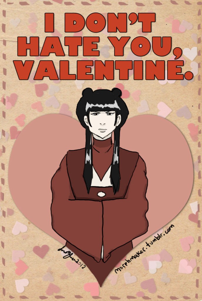 A Valentine's Day card featuring Mai. The text on the card says, "I don't hate you, Valentine."
