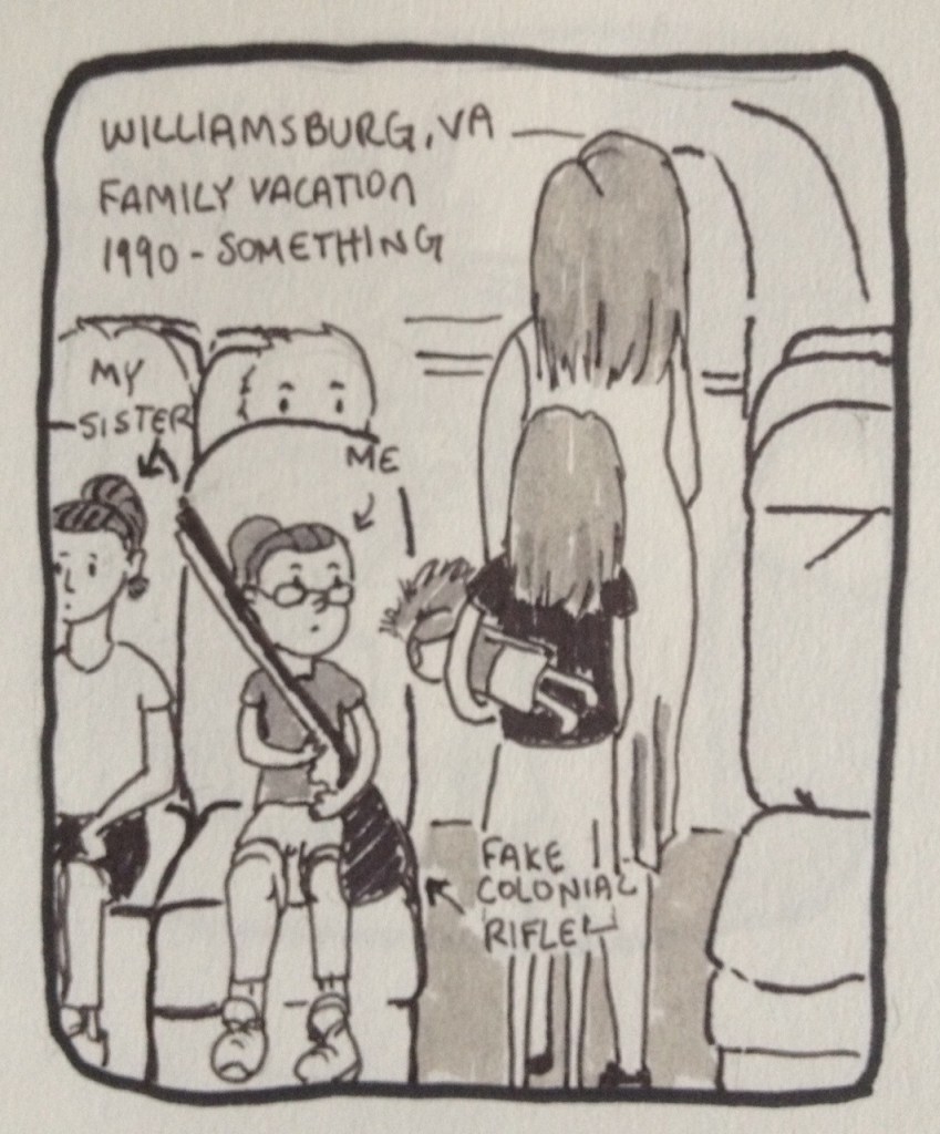 A comic about American Girl dolls. Panel 1: A caption says, "Williamsburg, VA. Family vacation. 1990-something." young morphmaker sits next to morphmaker's sister in a tour bus. morphmaker is holding a fake colonial rifle. A child passes by holding an American Girl doll.