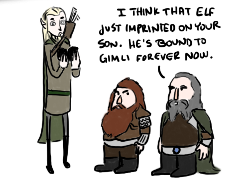 Panel 4: Legolas looks dazed. Someone says to Gloin, "I think that elf just imprinted on your son. He's bound to Gimli forever now."
