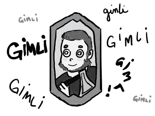 Panel 2: The name "Gimli" swirls around the photo of young Gimli.