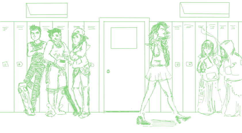 A drawing of Mako, Bolin, Korra, Asami, Eska, and Desna as high school students.