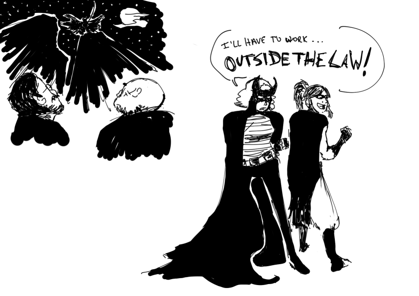 A drawing of Lin Beifong as a masked superhero and Korra as her sidekick. Lin says, "I'll have to work... outside the law!"