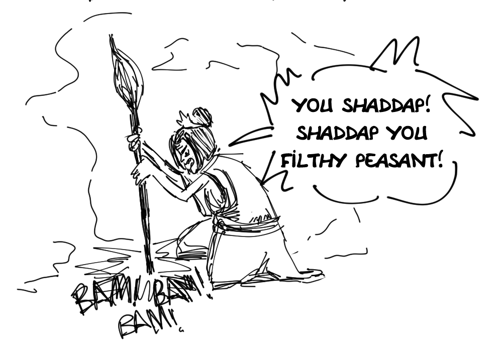 Panel 5: Toph's upstairs neighbor is Azula. She is hitting the floor with a broom and yelling, "You shaddap! Shaddap you filthy peasant!"