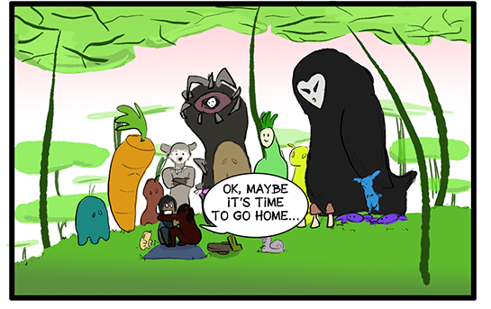 Panel 7: Asami puts her head down on Korra's shoulder in embarrassment and says, "Ok, maybe it's time to go home..." Korra does not know how to react to this situation. They are surrounded by spirits watching them.