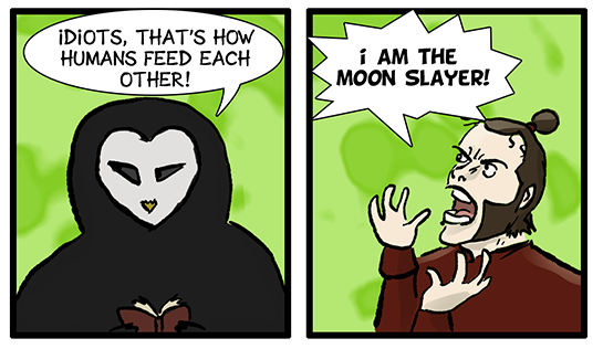 Panel 5: Wan Shi Tong says, "Idiots, that's how humans feed each other!" Panel 6: Admiral Zhao shouts, "I am the Moon Slayer!"