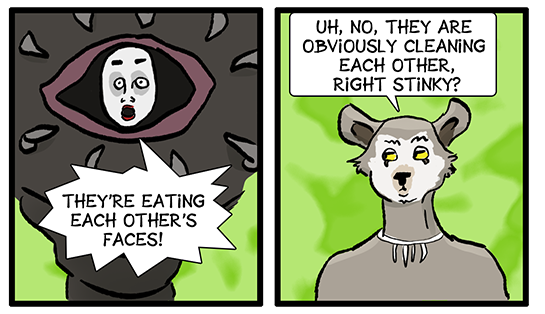 Panel 3: Koh the Face Stealer looks scared and says, "They're eating each other's faces!" Panel 4: The aye-aye spirit says, "Uh, no, they are obviously cleaning each other, right Stinky?"