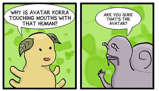 A fan comic about Korra and Asami in the spirit world. Panel 1: A spirit asks, "Why is Avatar Korra touching mouths with that human?" Panel 2: Another spirit says, "Are you sure that's the Avatar?" 