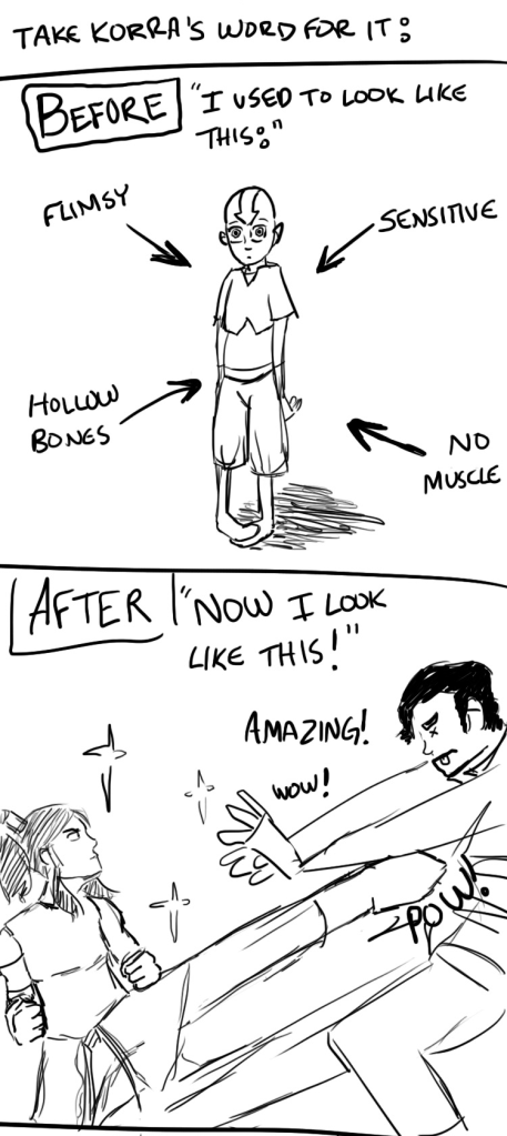 Panel 5: A caption says, "Take Korra's word for it: before I used to look like this:" Below the caption is Aang as a child. Arrows pointing to him say, "Flimsy, sensitive, hollow bones, and no muscle." Panel 6: A caption says, "After: "Now I look like this!" Korra kicks some guy in the stomach and words around them say, "Amazing! Wow!"