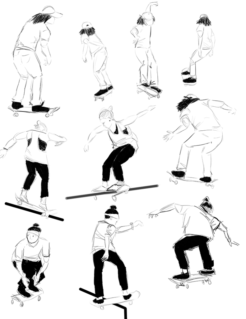 Sketches of skateboarders.