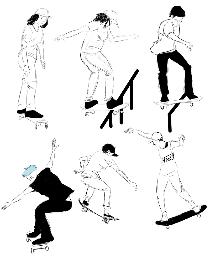 Sketches of skateboarders.