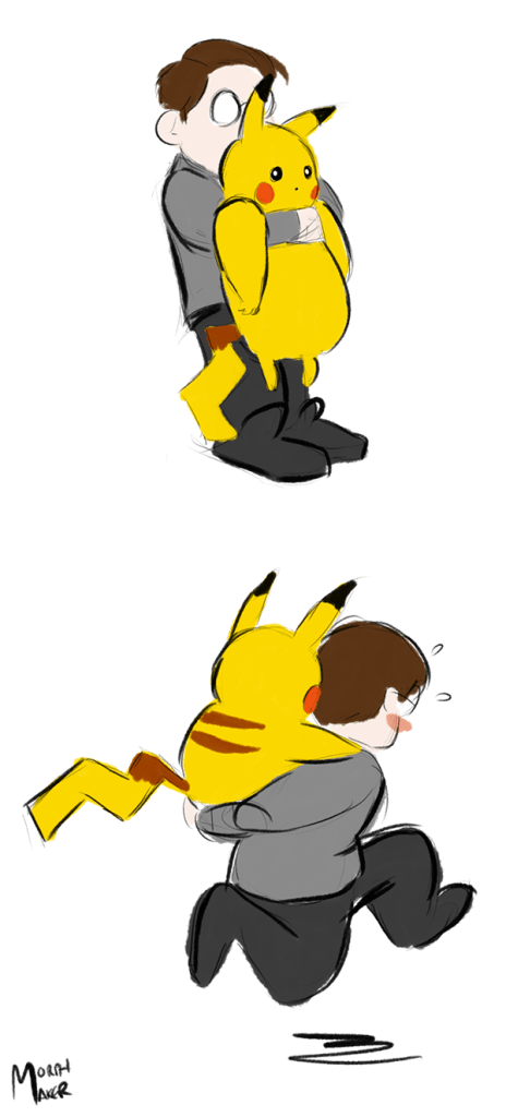 Drawings of morphmaker carrying Pikachu.