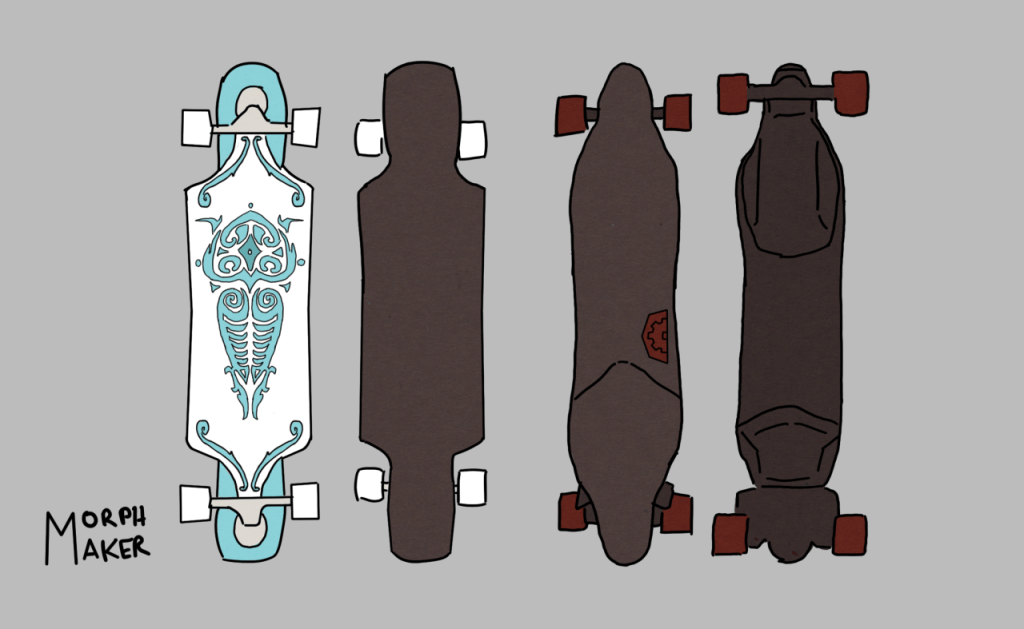 A drawing of Korra and Asami's skateboards. Asami's is electric.