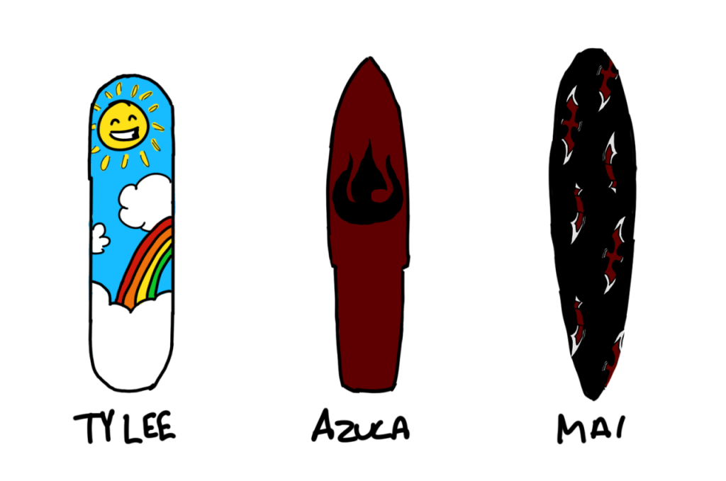 A drawing of Ty Lee, Azula, and Mai's skateboards.