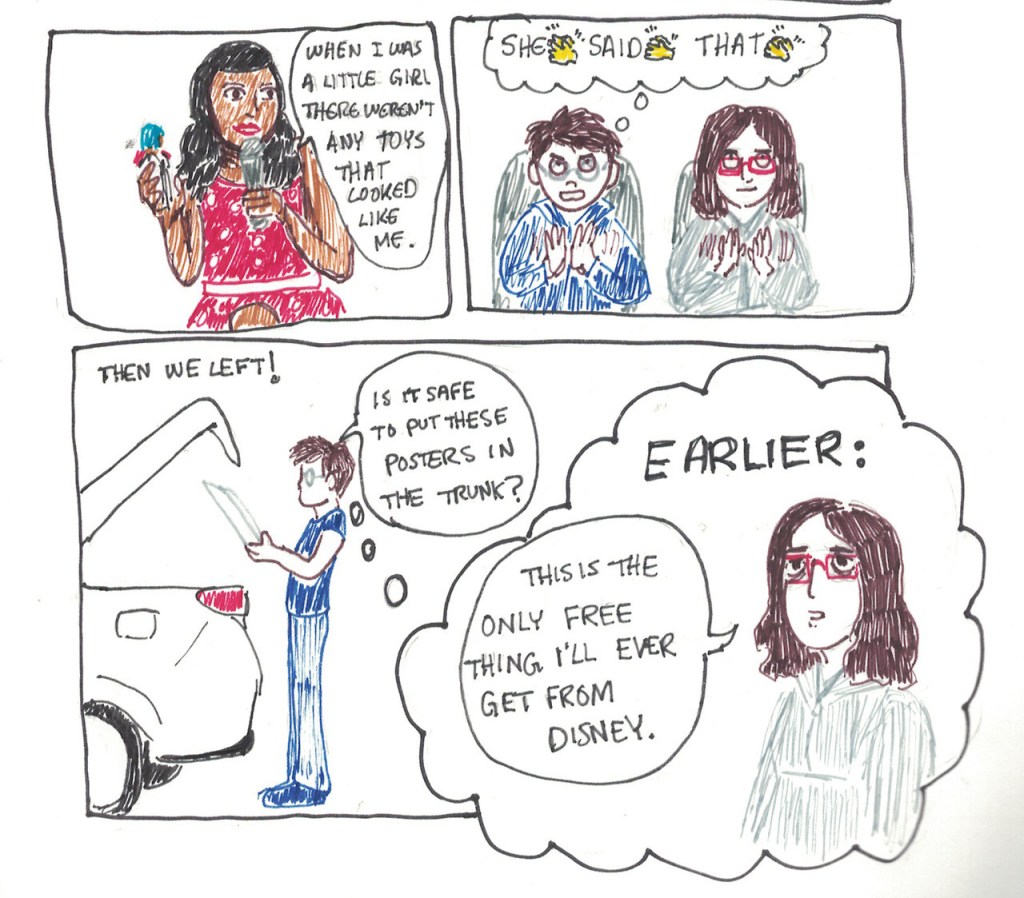 Panel 36: Tiya Sircar says, "When I was a little girl, there weren't any toys that looked like me." Panel 37: morphmaker and sister clap and morphmaker thinks, "She. Said. That." Panel 38: A caption says, "Then we left!" morphmaker holds up The Last Jedi poster in front of the trunk of the car and says, "Is it safe to put these posters in the trunk?" morphmaker is thinking of earlier when sister said, "This is the only free thing I'll ever get from Disney."