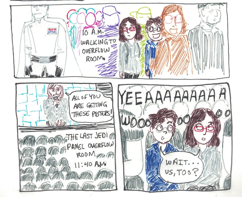 Panel 18: morphmaker and sister are walking in a line with other people. morphmaker looks excited to see someone dressed as Krennic. A caption says, "10 AM. Walking to overflow room." Panel 19: The overflow room where everyone is watching Kathleen Kennedy on a giant screen. She says, "All of you are getting these posters!" A caption says, "The Last Jedi panel overflow room. 11:40 AM." Panel 20: morphmaker and sister look stunned as people around them scream and cheer. morphmaker and sister say, "wait... us too?"