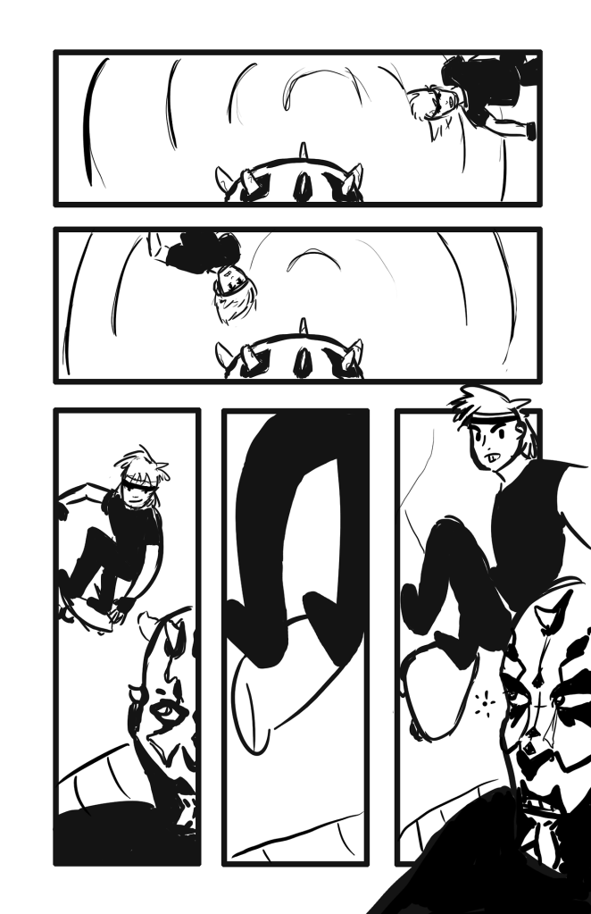 Panel 6: Anakin skates up one side of the tunnel behind Maul. Panel 7: Anakin is upside down performing a 360 spin inside the tunnel. Panel 8: Anakin is smiling and skating close to Maul. Panel 9: Anakin misses his footing on the board. Panel 10: Maul looks back as Anakin tries to leap off his board at Maul. 