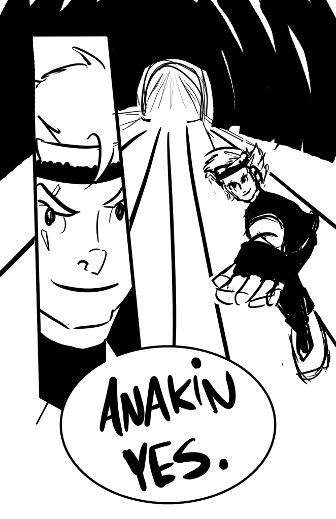 Panel 4: Anakin says, "Anakin yes." Panel 5: Anakin skates into the tunnel.
