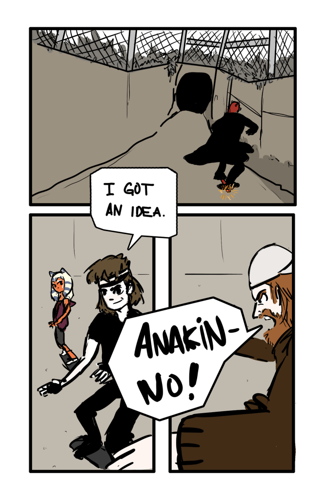 Panel 1: Maul skates into a tunnel. Panel 2: Anakin says, "I got an idea." Panel 3: Obi-Wan says, "Anakin—no!"