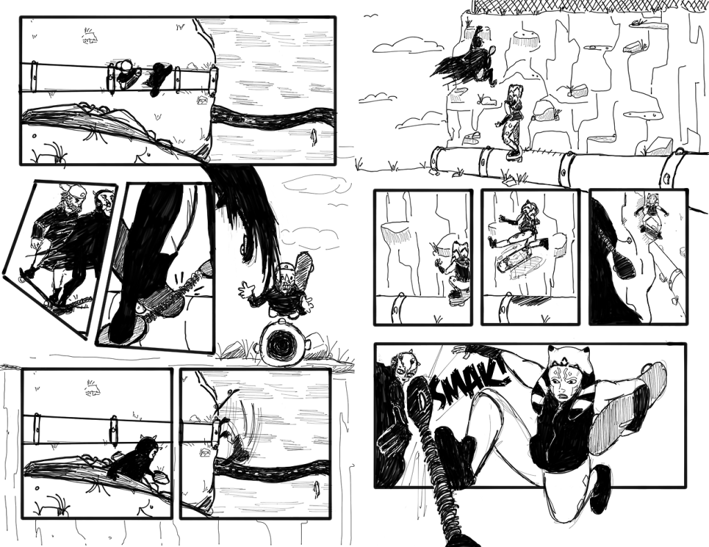 Panel 42: A bird's eye view of Obi-Wan and Maul on the pipe headed towards the edge of the cliff. Panel 43, 44, and 45: Obi-Wan attempts to wedge the front of his board under Maul's caster board, but Maul uses that as leverage to jump up and off the pipe, leaving Obi-Wan to plummet over the edge of the cliff. Panel 46 and 47: Maul is holding onto a rock and looking down at Obi-Wan falling off the cliff. Panel 48: Ahsoka sees Maul trying to climb up the rock he grabbed onto. Panel 49, 50, and 51: Ahsoka kicks her board up and off the pipe and lands on a rock near Maul's rock. Panel 52: Ahoska leaps towards Maul and kicks his caster board out of his hand.