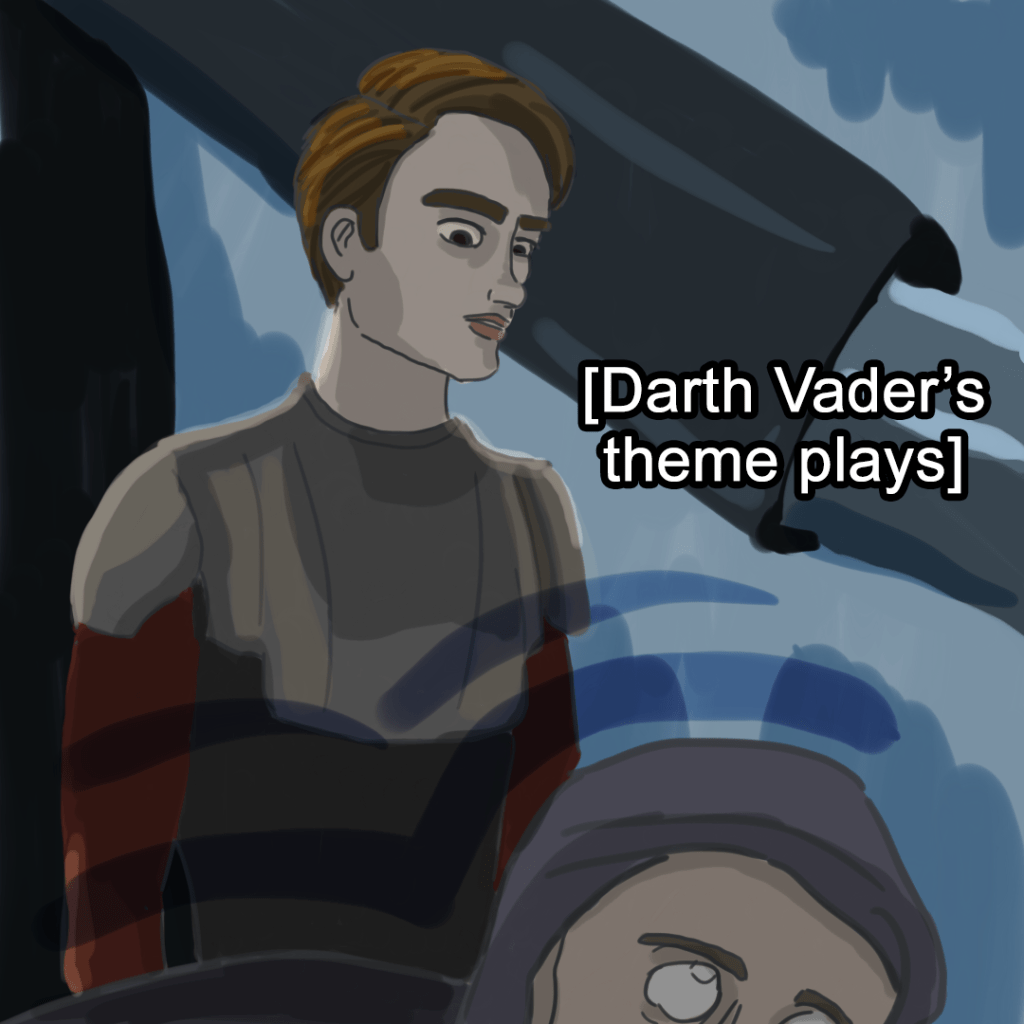 Panel 3: Anakin Skywalker watches as Tal Merrik's body slumps forward. A caption in brackets says, "Darth Vader's theme plays."