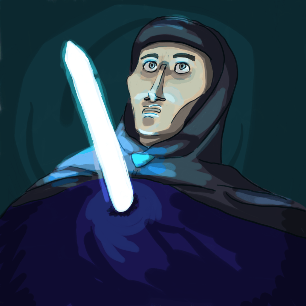 Panel 2: A lightsaber projects through Tal Merrik's chest.