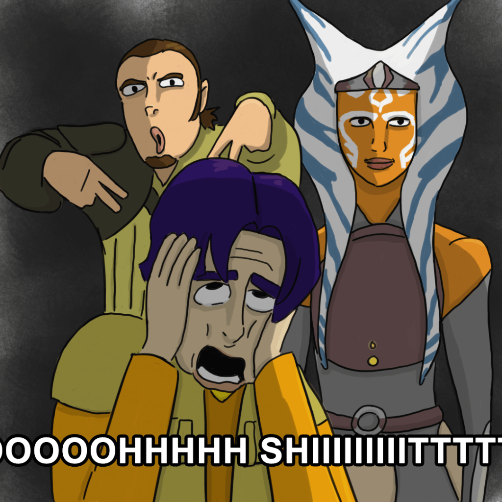 Panel 5: Ahsoka stand smiling while Kanan and Ezra freak out over this epic burn. They're saying, "Oh shit!"