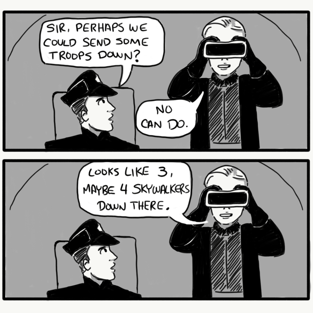 Panel 3: First Order officers monitor the situation. One of them says, "Sir, perhaps we could send some troops down?" Hux replies, "No can do." Panel 4: Hux continues, "Looks like 3, maybe 4 Skywalkers down there."
