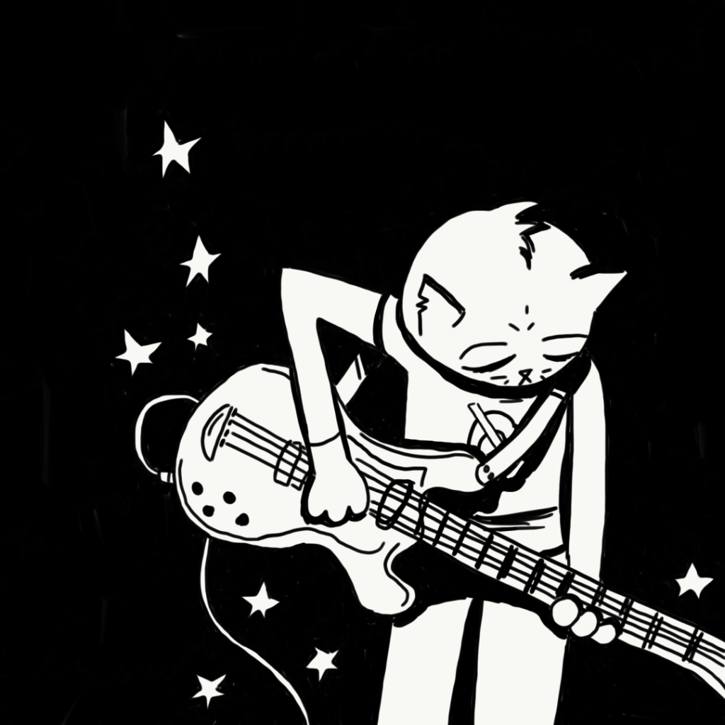 An illustration of Mae from Night in the Woods playing guitar.