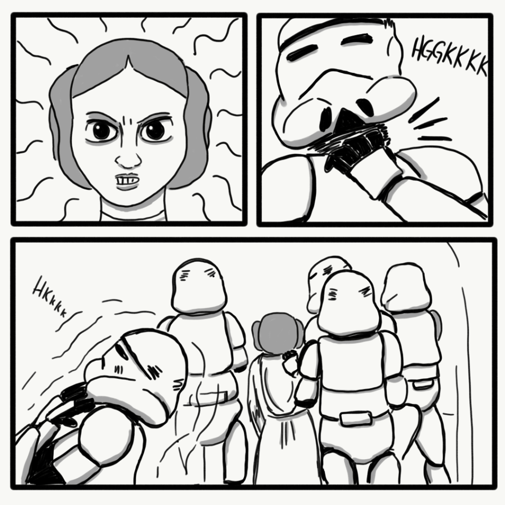 Panel 3: Leia looks very angry. Panel 4: The stormtrooper continues choking. Panel 5: The choking stormtrooper falls to the ground as the group moves down a hallway.