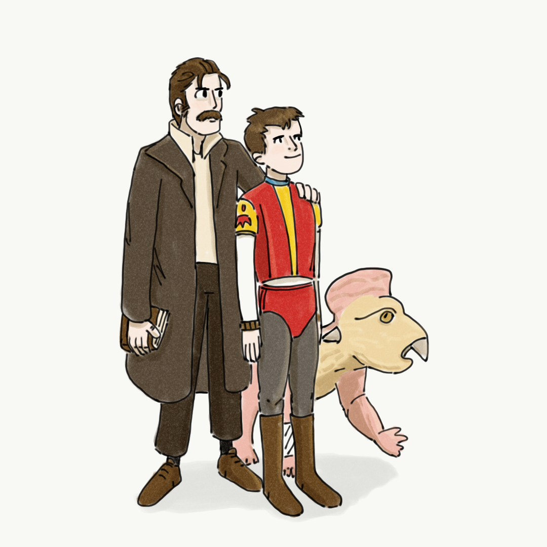 Dinotopia fan art. An illustration of three characters from Dinotopia: Arthur Denison, Will Denison, and Bix. 