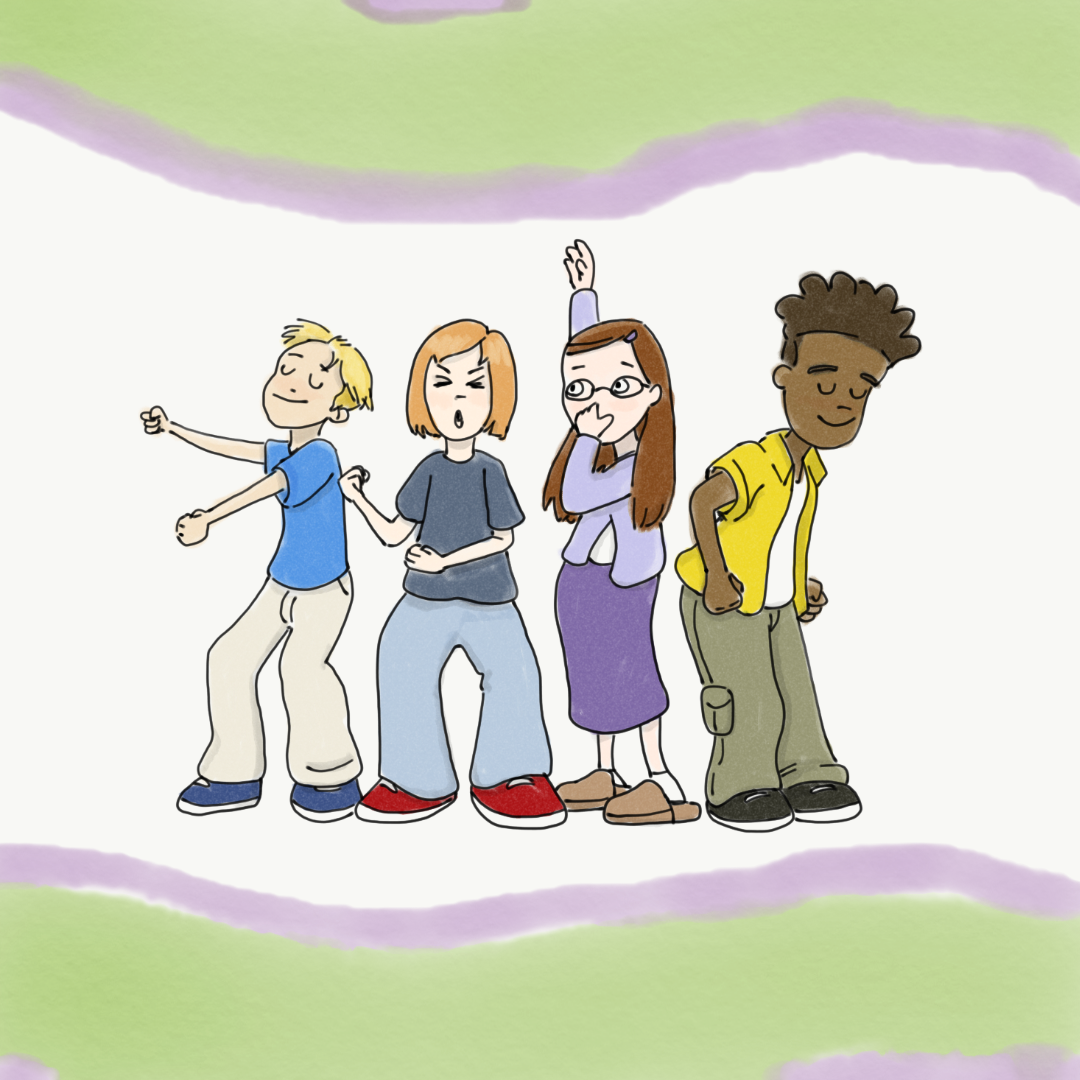 The Weekenders fan art. An illustration of the four main characters of The Weekenders dancing. 