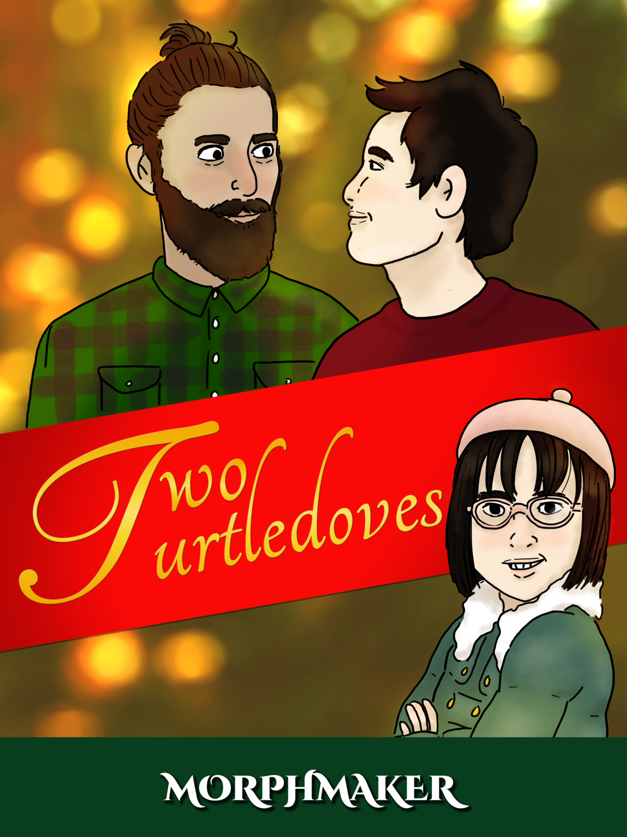 An illustrated poster for a fake movie. The main character Lara poses with her arms crossed at the bottom of the poster. The title behind her says "Two Turtledoves." On the top of the poster, Lara's father and his love interest Brandon gaze into each other's eyes.