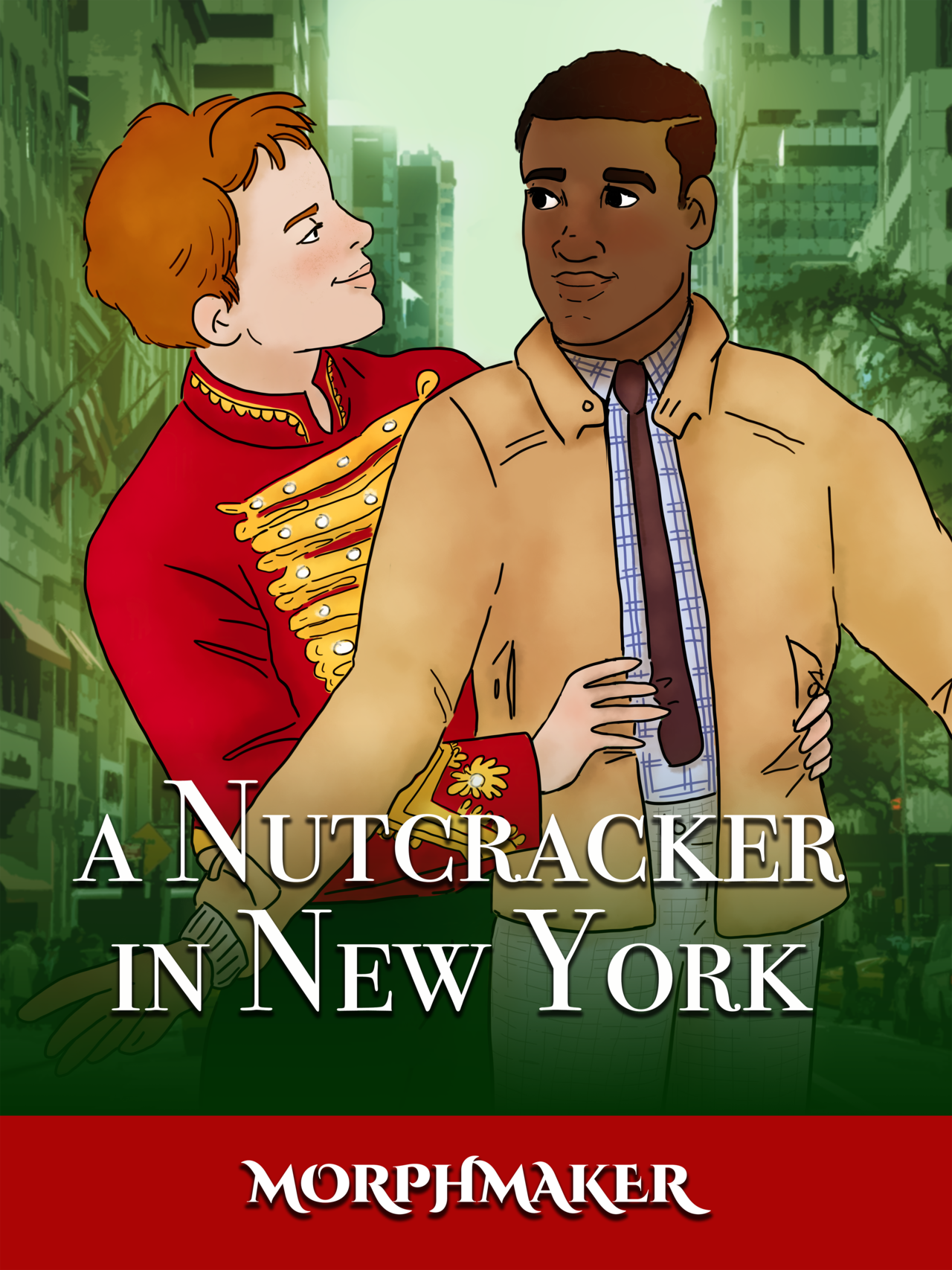An illustrated poster for a fake movie. The main character Clarence stands smiling at his love interest, who is dressed like The Nutcracker and has his arms around Clarence's waist. New York City is the backdrop behind them. The title on the poster says, "A Nutcracker in New York."
