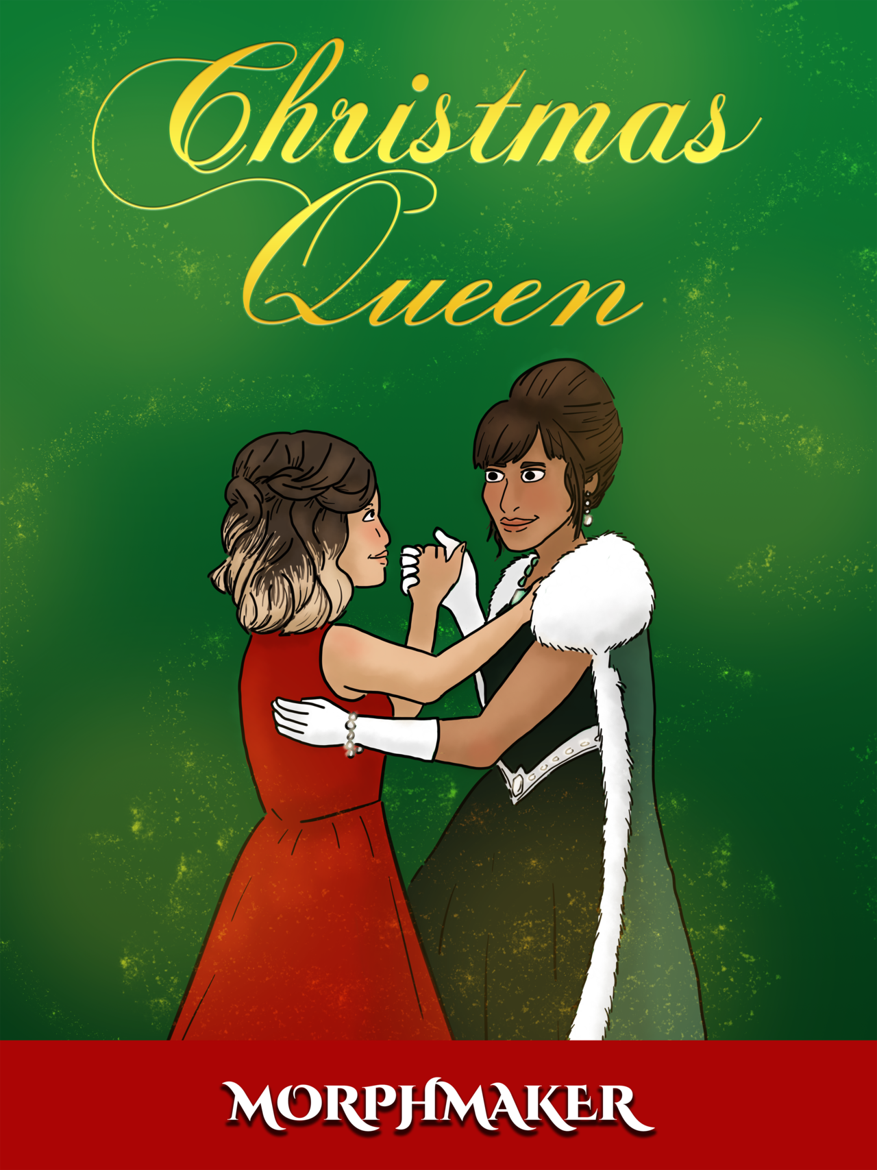 An illustrated poster for a fake movie. The title on top says, "Christmas Queen." The two main characters, Rosie and Cary, are dancing with each other in formalwear. 