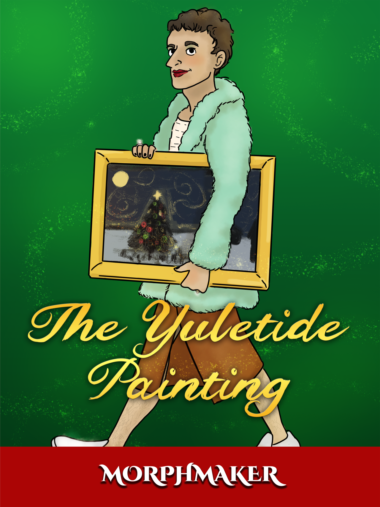 The main character, Ari, is walking from right to left while holding a painting under one arm. The painting depicts a Christmas scene with figures gathering under a Christmas tree outside at night. The title on the poster says, "The Yuletide Painting." 