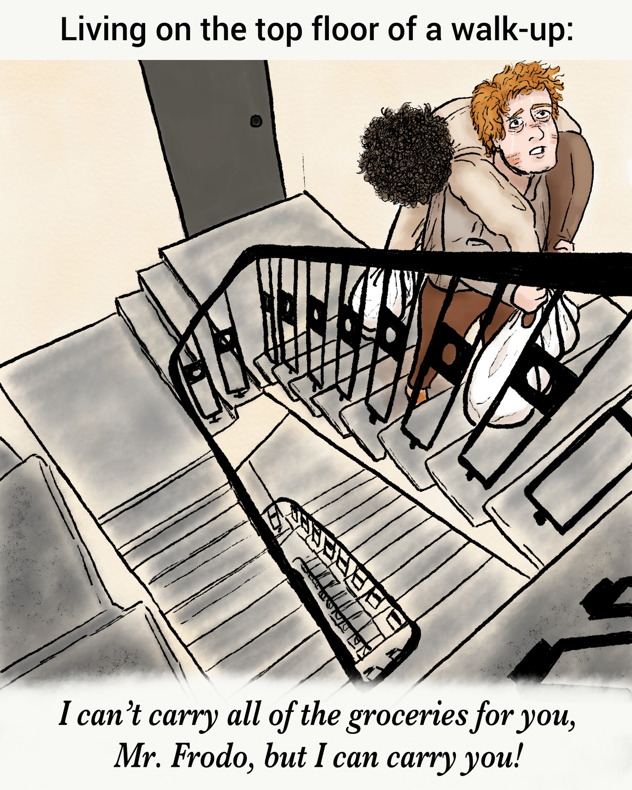 A one-panel cartoon. Text on top says, "Living on the top floor of a walk-up:" Samwise Gamgee is walking up the stairs of an apartment building and is carrying Frodo Baggins on his back and also all of their groceries. Sam is crying and sweating like he's climbing Mount Doom. The text on bottom says, "I can't carry all of the groceries for you, Mr. Frodo, but I can carry you!"