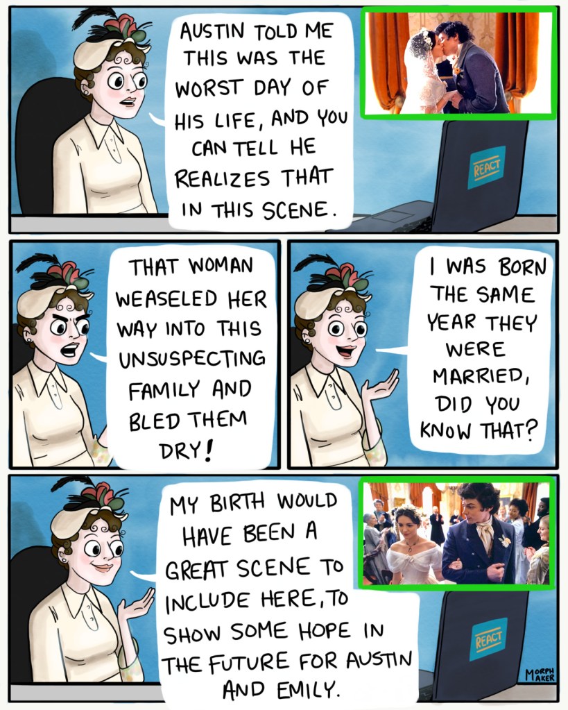 Panel 13: Mabel reacts to Sue and Austin's wedding. Mabel says, "Austin told me this was the worst day of his life, and you can tell you realizes that in this scene." Panel 14: Mabel continues, "That woman weaseled her way into this unsuspecting family and bled them dry!" Panel 15: Mabel happily adds, "I was born the same year they were married, did you know that?" Panel 16: Mabel concludes, "My birth would have been a great scene to include here, to show some hope in the future for Austin and Emily."