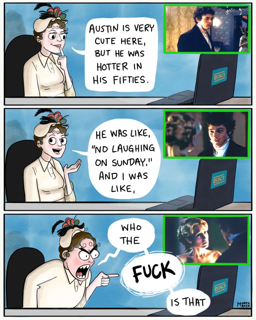 Panel 10: Mabel reacts to Austin. Mabel muses, "Austin is very cute here, but he was hotter in his fifties." Panel 11: Mabel recalls, "He was like, 'No laughing on Sunday,' and I was like," Panel 12: Mabel notices Jane and points at the screen angrily, "Who the FUCK is that" 