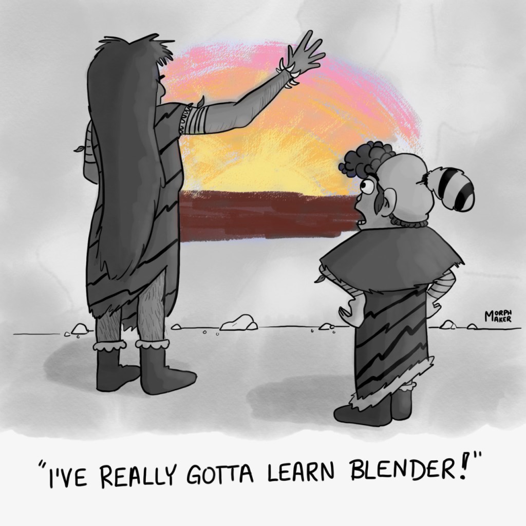 A cave artist watches another cave artist blend colors of a sunset on the cave wall. The caption says "I've really gotta learn Blender!"