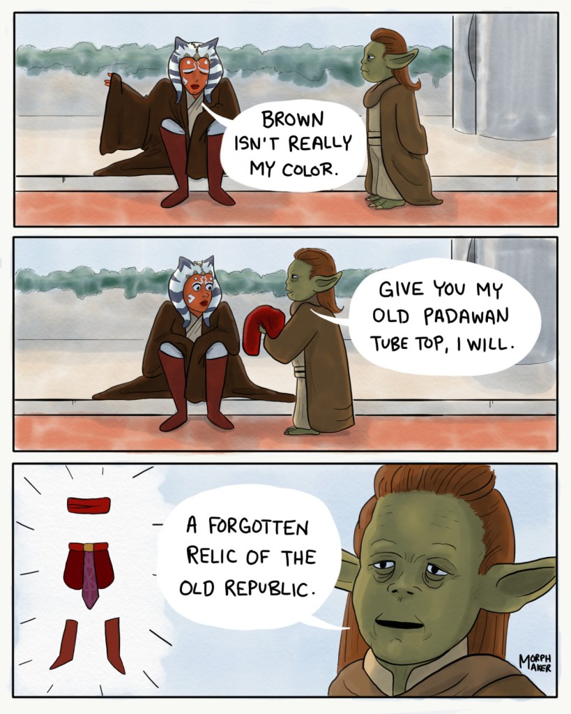 Panel 3: Yaddle is talking with Ahsoka. Ahsoka lifts her arm to show the brown Jedi robes she's wearing and says, "Brown isn't really my color." Panel 4: Yaddle hands Ahsoka a bundle of clothing and says, "Give you my old padawan tube top, I will." Panel 5: A close-up of Yaddle with the Clone Wars tube top outfit highlighted next to her as she says, "A forgotten relic of the Old Republic."