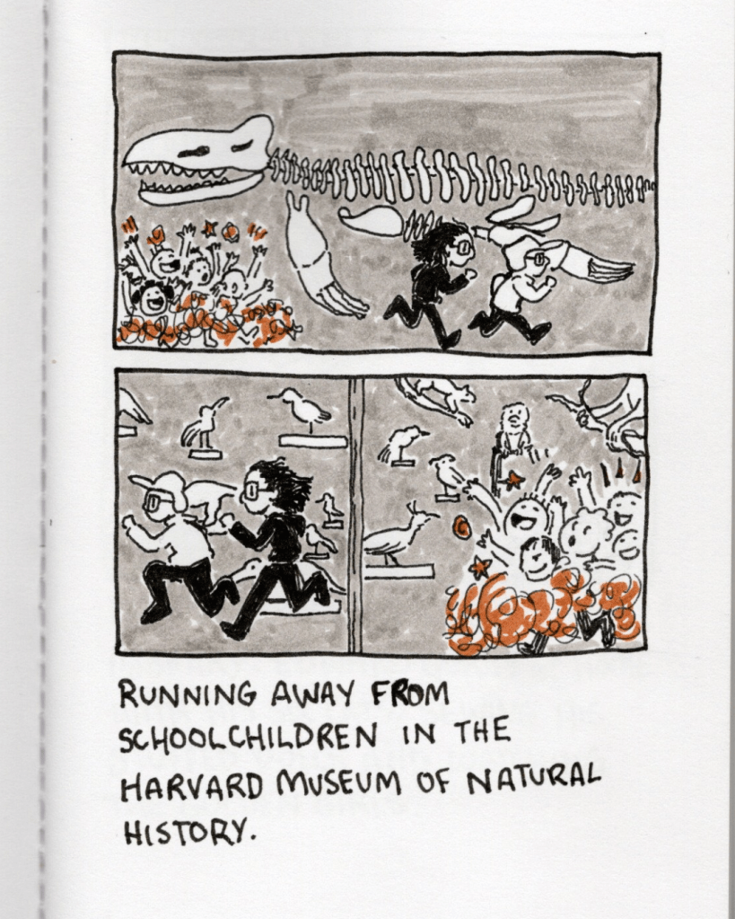 Panel 1: Me and my sister running away from a group of children in front of a Kronosaurus skeleton. Panel 2: Me and my sister running away from a group of children in front of a bunch of taxidermy animals. Caption: “Running away from schoolchildren in the Harvard Museum of Natural History.”