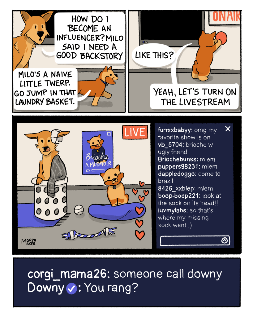 Panel 6: Lindy asks, “How do I become an influencer? Milo said I need a good backstory.” Brioche points towards another area of the room and replies, “Milo’s a naive little twerp. Go jump in that laundry basket.” Panel 7: Lindy asks, “Like this?” Brioche pushes a giant red button on the wall next to a flatscreen television screen. Brioche says, “Yeah, let’s turn on the livestream.” A light above the button says, “On Air.” Panel 8: Lindy sits in a laundry basket with a sock on her head while Brioche sits nearby. There is a livestream chat. “Omg my favorite show is on” “brioche w ugly friend” “mlem” “mlem” “come to Brazil” “mlem” “look at the sock on its head!!” “So that’s where my missing sock went” Panel 9: A viewer in the chat types, “someone call downy.” The Downy account replies in the chat, “You rang?”