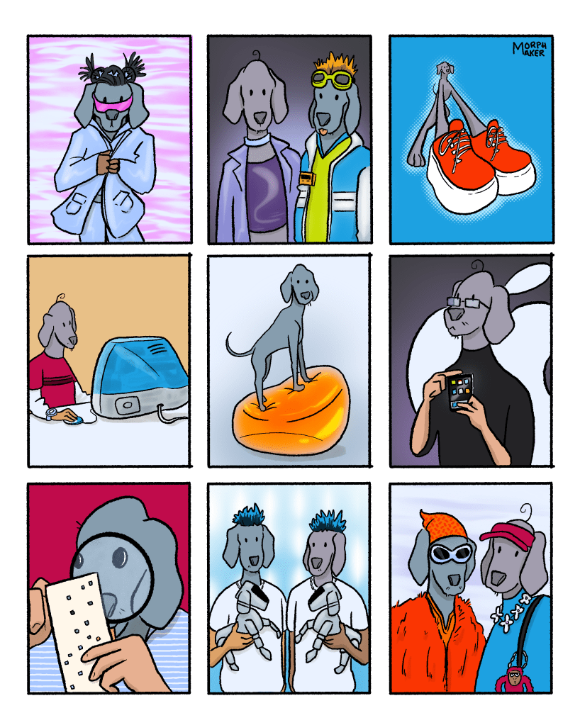 Panel 9 through 17: Larry and Paula are featured in photographs that recreate a late 90s or early 2000s vibe. The dogs are dressed in human clothing with human hands, except for one photo where Paula is perched on an inflatable chair.