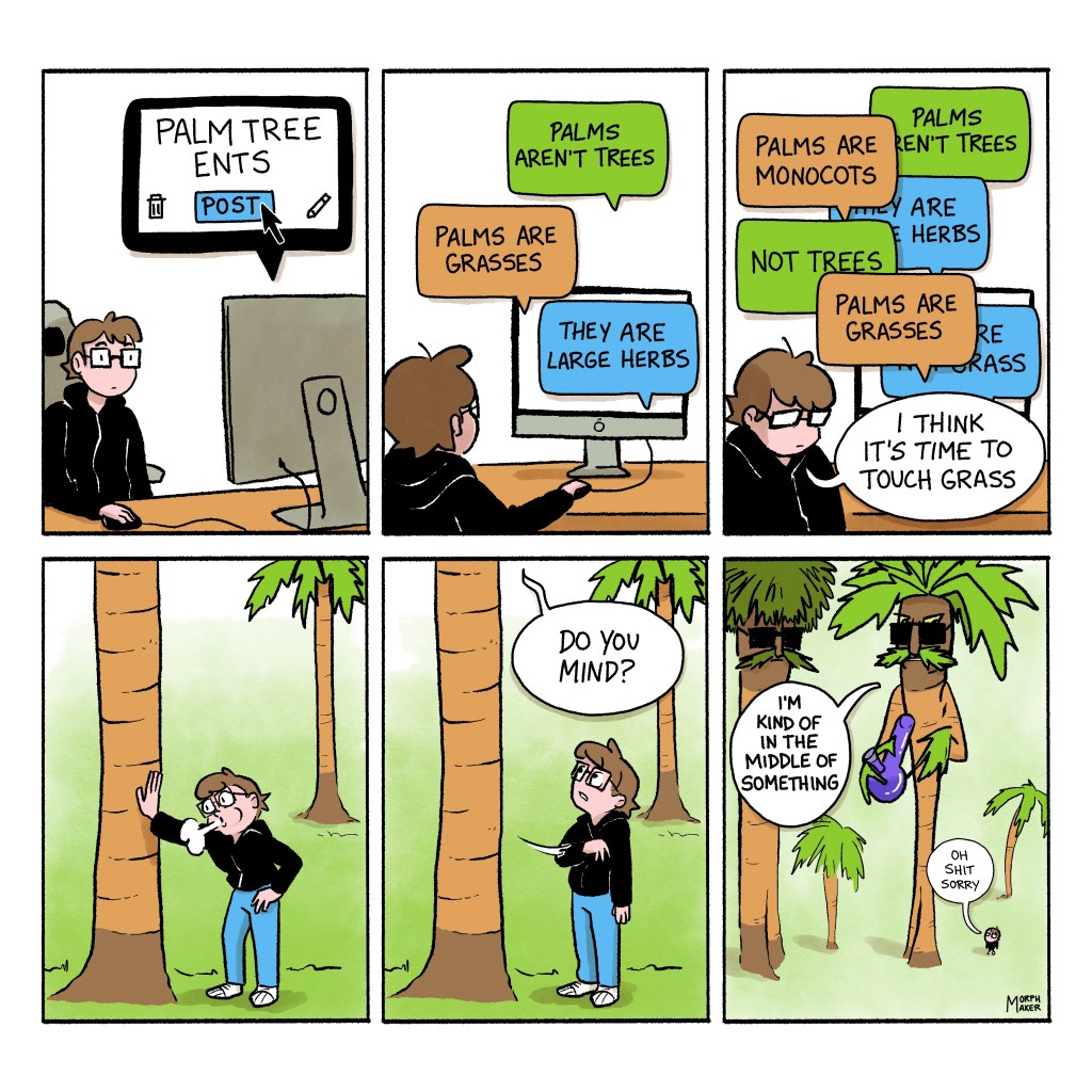 A comic about what happened after morphmaker posted a comic about palm tree Ents. Panel 1: morphmaker sits in front of a computer and posts about palm tree Ents. Panel 2: The responses to the post say, “Palms aren’t trees” and “Palms are grasses” and “They are large herbs.” Panel 3: More responses overwhelm the screen. They say, “Palms aren’t trees” and “Palms are monocots” and “Not trees” and “Palms are grasses.” morphmaker slumps forward and says, “I think it’s time to touch grass. Panel 4: morphmaker stands outside, blows out a breath of air, and puts one hand against a palm tree. Panel 5: morphmaker is startled when a voice above says, “Do you mind?” Panel 6: The palm tree morphmaker was touching is a Palm Tree Ent who is holding a bong. The Palm Tree Ent says, “I’m kind of in the middle of something.” morphmaker replies, “Oh shit sorry.” 