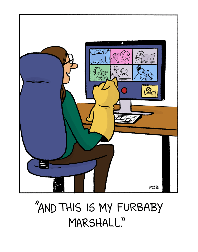 A single panel cartoon by morphmaker. A person is sitting in front of a computer screen. The person is holding an animal puppet so that only the top part of the puppet is visible above the desk. The person is on a video call. All the people on the video call have real pets joining them on screen. The person says, “And this is my furbaby Marshall.” 