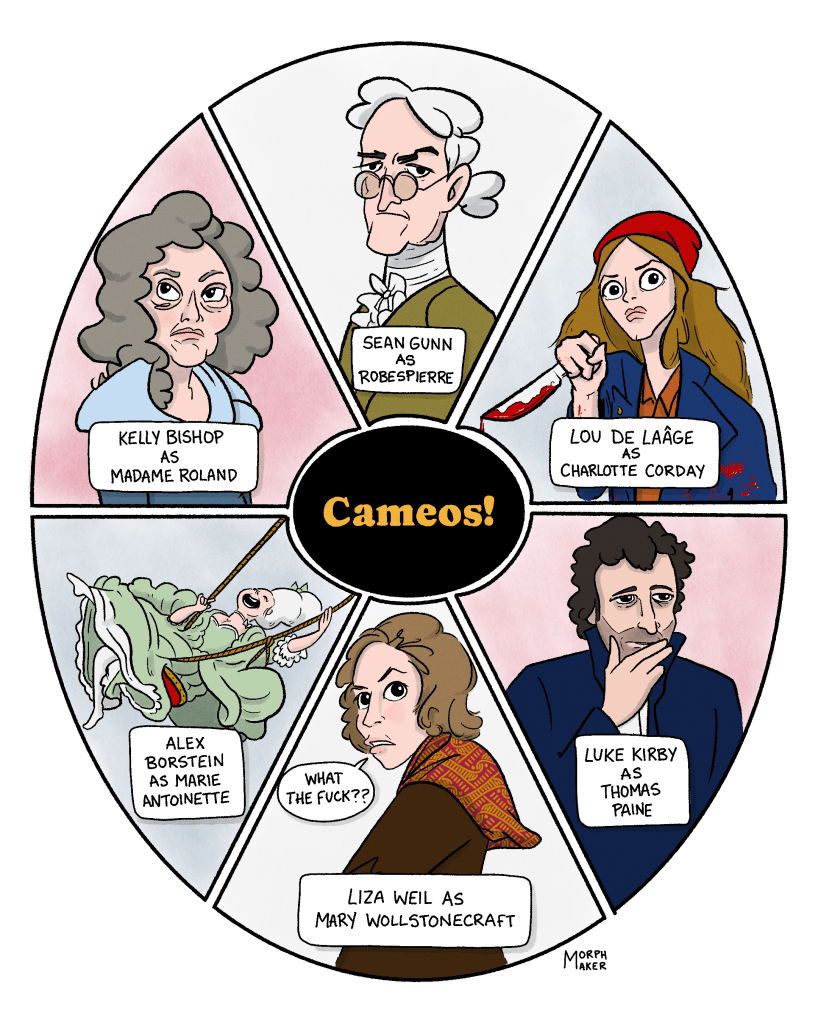 Panels 34 through 40: A circle of familiar faces surrounds text that says, “Cameos!” Each panel reveals cameos: Sean Gunn as Robespierre, Lou de Laâge as Charlotte Corday, Luke Kirby as Thomas Paine, Liza Weil as Mary Wollstonecraft (Mary is saying, “What the fuck??”), Alex Borstein as Marie Antoinette, and Kelly Bishop as Madame Roland.