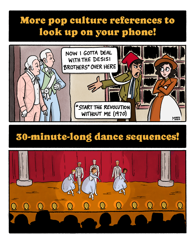 Panel 12: Text reads, “More pop culture references to look up on your phone!” Panel 13: The Revolutionary Love Interest looks annoyed and gestures to two aristocrats standing nearby. The protagonist has her arms folded. The revolutionary says, “Now I gotta deal with the DeSisi brothers over here!” A caption below explains the reference, “Start the Revolution Without Me (1970).” Panel 14: Text reads, “30-minute-long dance sequences!” Panel 15: A dance sequence on a stage.