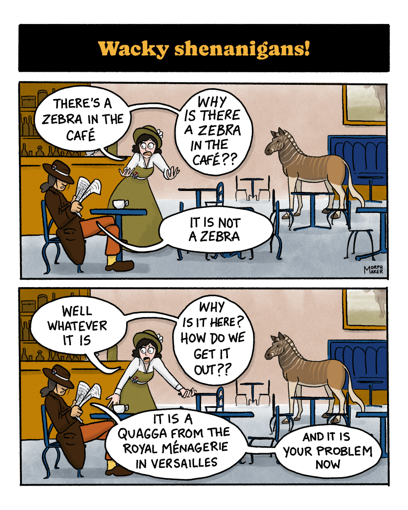 Panel 31: Text reads, “Wacky shenanigans!” Panel 32: The protagonist is freaking out in a café. A fellow revolutionary is sitting nearby reading a newspaper. There is an animal that looks kind of like a zebra standing in the back of the café. The protagonist yells, “There’s a zebra in the café why is there a zebra in the café??” The person responds, “It is not a zebra.” Panel 33: The protagonist says, “Well whatever it is, why is it here? How do we get it out??” The person replies, “It is a quagga from the royal ménagerie in Versailles and it is your problem now.”