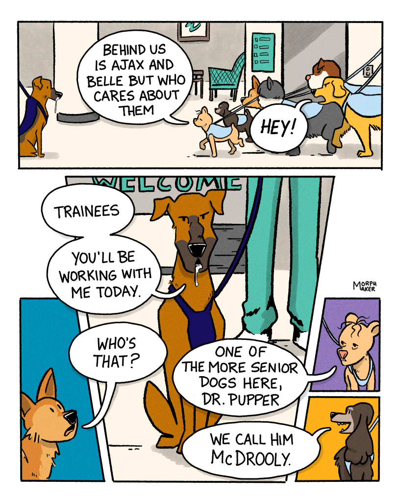 Panel 8: The trainees and Lindy walk through the hospital’s lobby towards a dog who is drooling. Gracie concludes, “Behind us is Ajax and Belle but who cares about them.” Belle in the back of the group angrily says, “Hey!” Panel 9: The drooling dog addresses the group, “Trainees. You’ll be working with me today.” Panel 10: Lindy asks, “Who’s that?” Panel 11: Gracie says, “One of the more senior dogs here, Dr. Pupper.” Panel 12: Margo adds, “We call him McDrooly.”