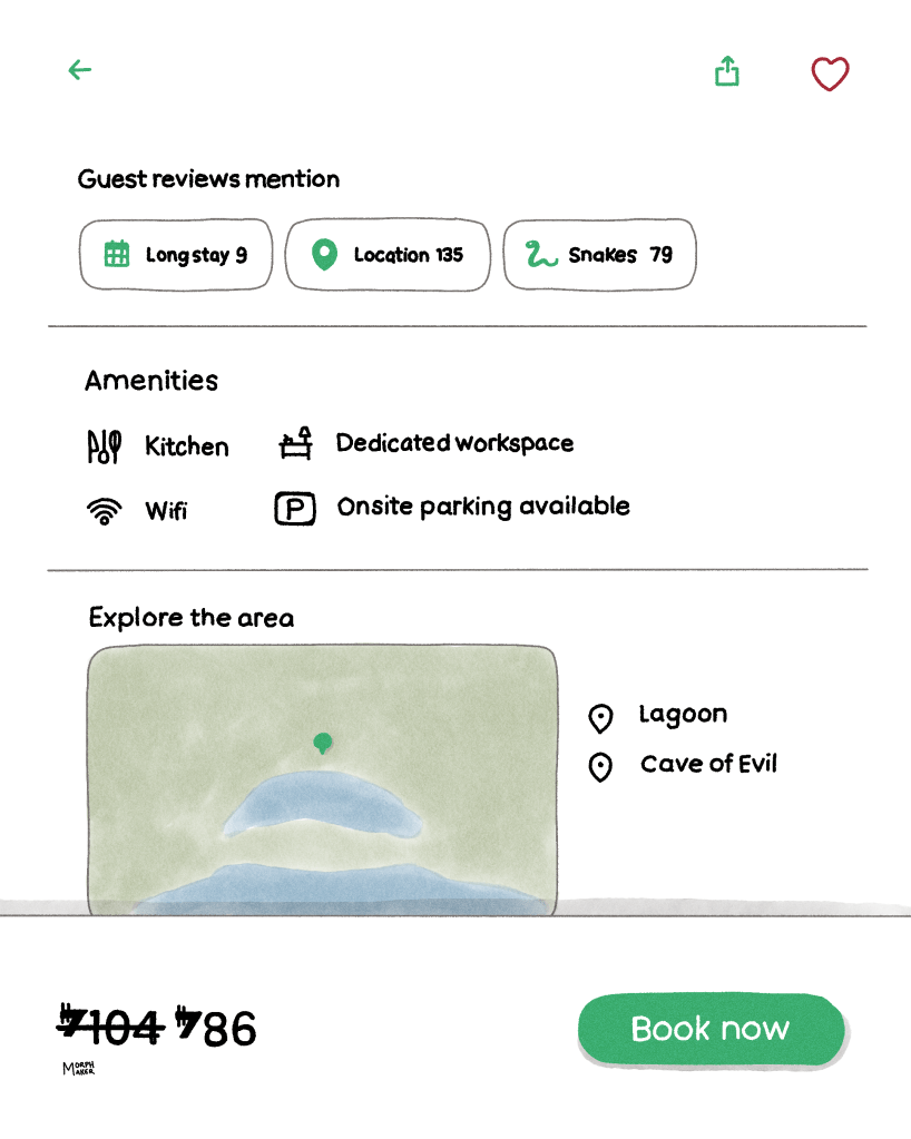 Text reads, “Guest reviews mention: long stay, location, snakes.” Underneath that reads, “Amenities: kitchen, Wifi, dedicated workspace, onsite parking available.” Underneath that is a map of the area. Notable locations include, “Lagoon” and “Cave of Evil.” And at the bottom is the menu with the price and the booking button.